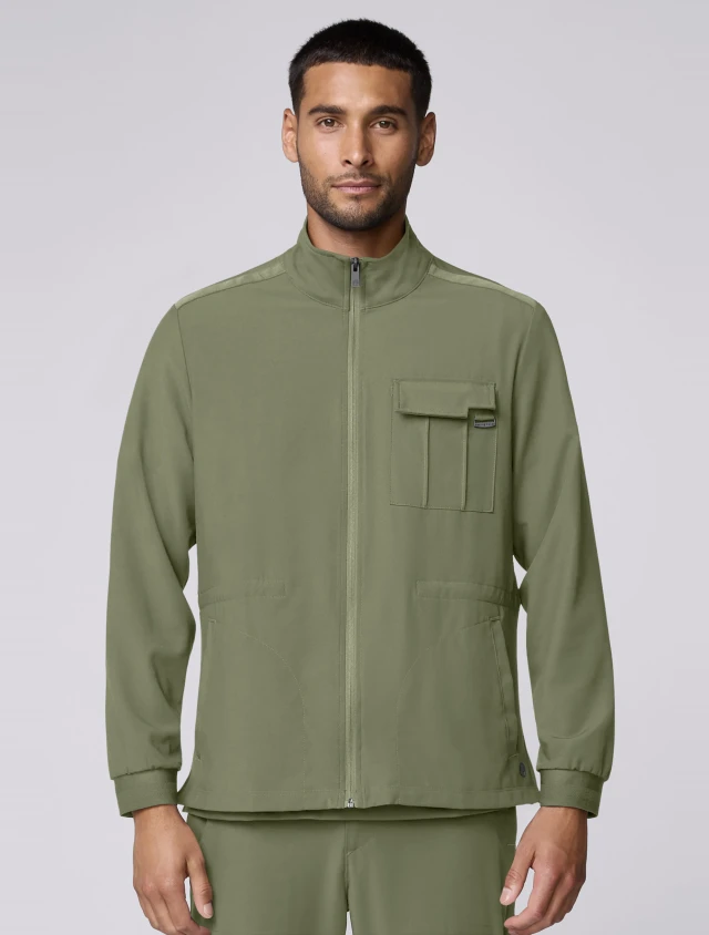 Front view of Healing Hands Quest Men's Zip-Front Utility Scrub Jacket HH361 in Olive