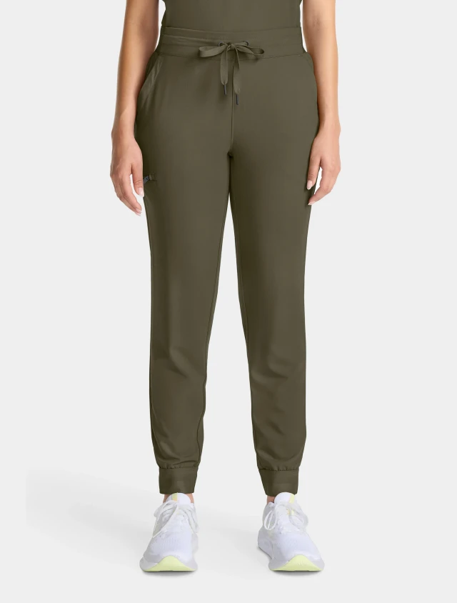 Front view of Healing Hands Quest Women's Flat Front Jogger Scrub Pant HH155 in Olive