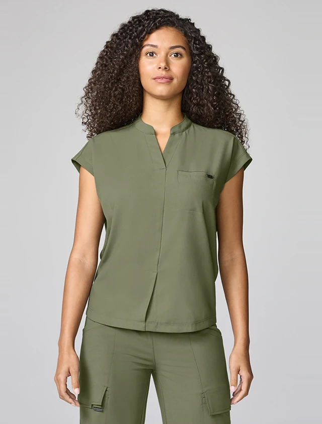 Front view of Healing Hands Quest Women's Mandarin Collar Scrub Top HH757 in Olive