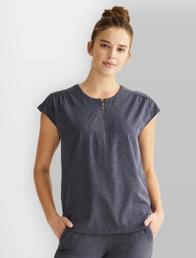 Front view of Healing Hands Purple Label Women's Jayden Jacquard Half-Zip Scrub Top HH602 in Pewter