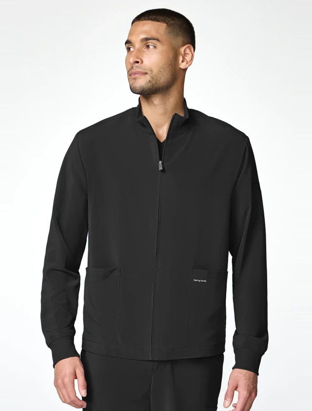 Front view of Healing Hands HH Works Men's Mock Neck Scrub Jacket HH00053 in Black