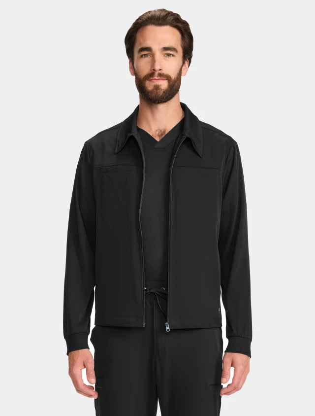 Front view of Healing Hands HH Works Men's Zip Front Scrub Jacket HH322 in Black