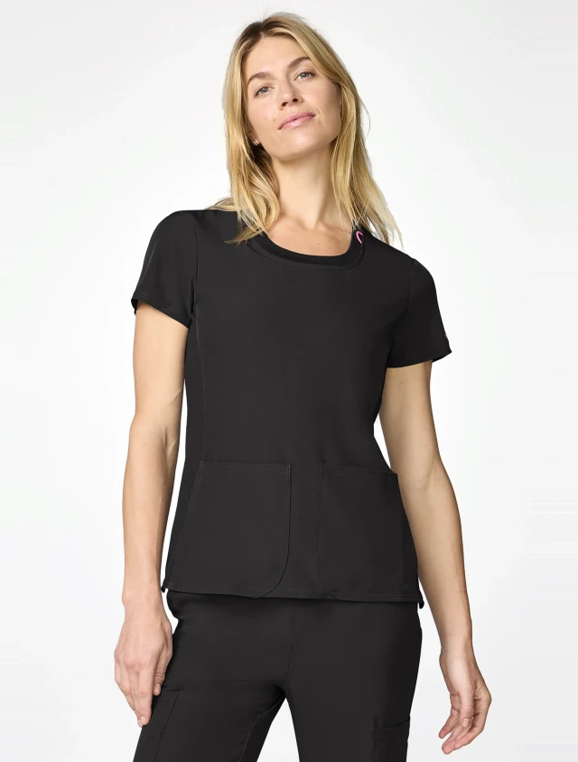 Front view of Med Couture Amp Women's Four Pocket Round Neck Scrub Top MC00027 in Black