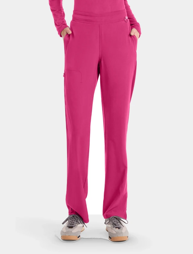 Front view of Med Couture Amp Women's Straight Leg Pull-On Scrub Pant MC103 in Pink Power