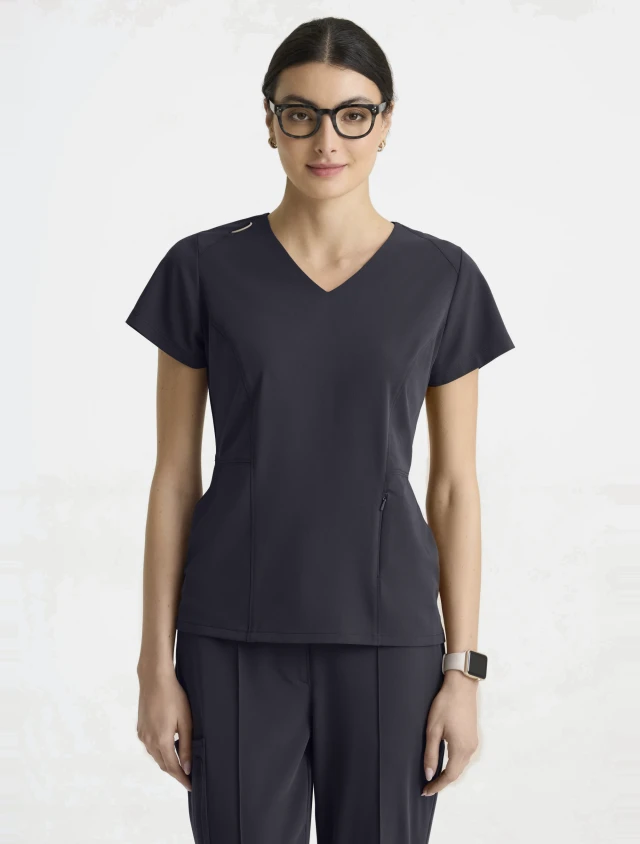 Front view of Grey's Anatomy by Barco Cultivate Women's Spring Scrub Top GRGT309 in Steel