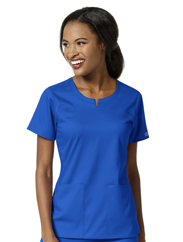 Front view of WonderWink Pro Women's 4-Pocket Notch Neck Top #6419 in royal