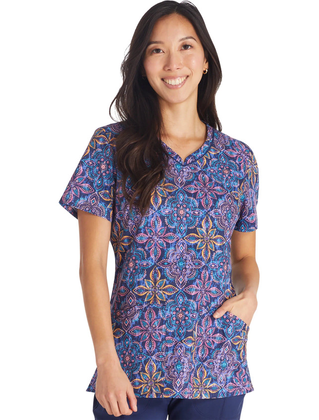 Front view of women's Cherokee Print top in One In A Medallion pattern.