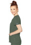 Side view of Med Couture Peaches V-neck top in olive. Item# MC8470