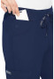Waist pocket view of Med Couture Peaches yoga straight leg pant in navy. Item MC8733.