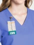 V-neck and badge loop close-up of Cherokee Workwear Originals Ultra Women's 2 Pocket V-Neck Scrub Top CK953A in Ciel