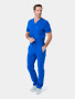 Full body view of the Spirit Scrubs men's V-neck medical scrub top in royal UOT333 tucked into the scrub pant UOB609 in royal.