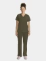 Full-length model view of Healing Hands Quest Women's Tuck-In V-Neck Scrub Top HH755 in Olive