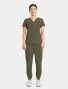 Full-length model view of Healing Hands Quest Women's 3-Pocket Y-Neck Scrub Top HH751 in Olive
