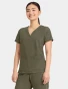 Left three-quarter side view of Healing Hands Quest Women's 3-Pocket Y-Neck Scrub Top HH751 in Olive