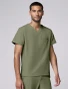 Right three-quarter side view of Healing Hands Quest Men's 1-Pocket Tuck-In V-Neck Scrub Top HH758 in Olive