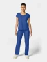 Full-length model view of Med Couture Insight Women's Dolman Sleeve Scrub Top MC00008 in Royal