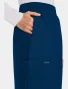 Front pocket detail of Cherokee Workwear Originals Ultra Women's Mid Length Cargo Scrub Skirt CK563A in Navy