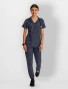 Full-length model view of Healing Hands Purple Label Women's Joy Camo V-Neck Scrub Top 2353 in Pewter