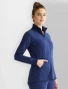 Right side view of Healing Hands Purple Label Women's Devon Jacquard Zip-Up Scrub Jacket HH301 in Navy