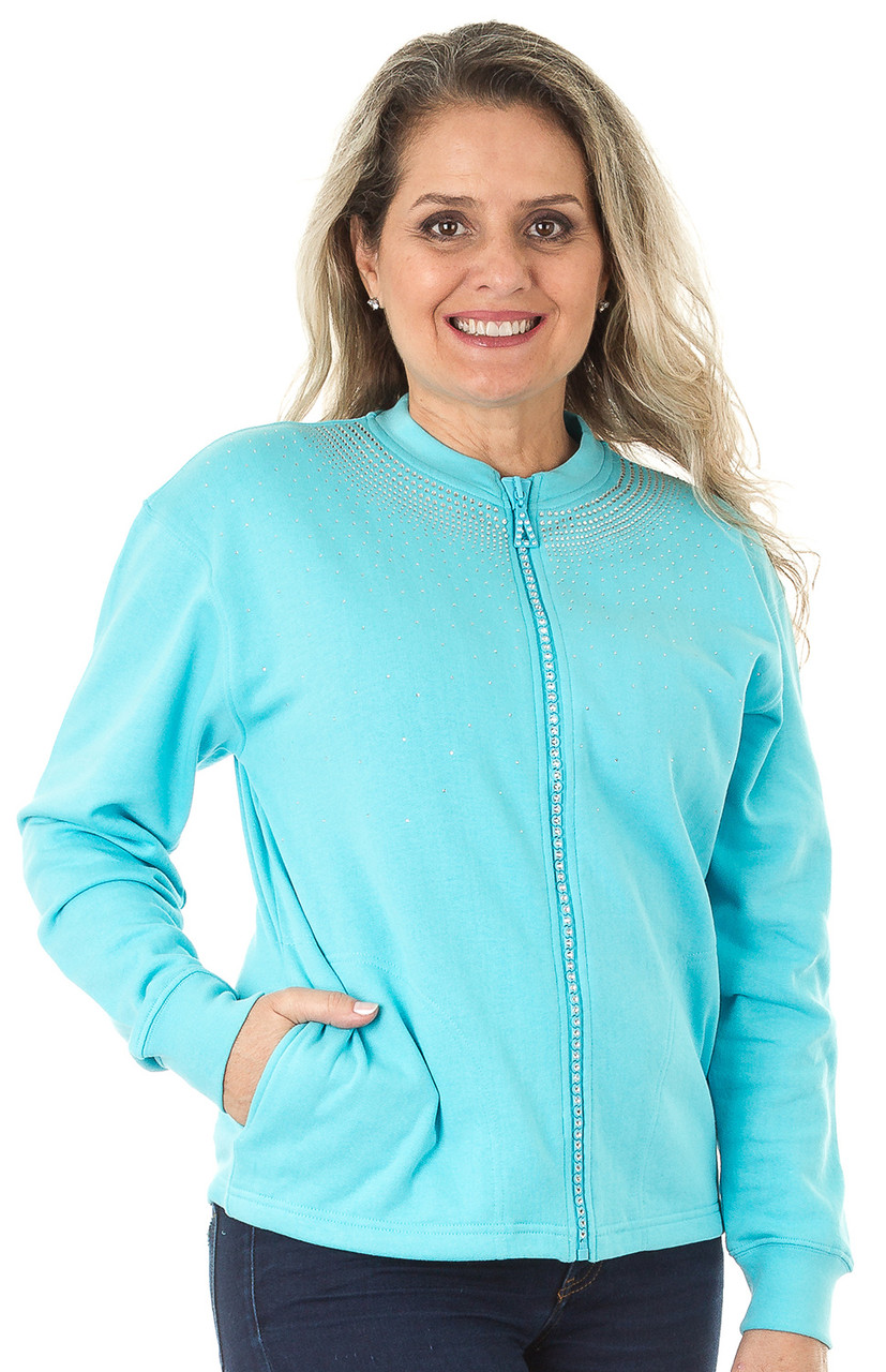 Crewneck Crystal-Zipper Cardigan w/Pockets Plain