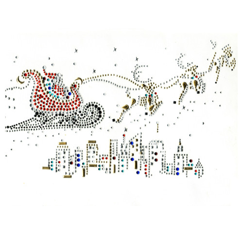 Christmas Santa Clause Sleigh with Reindeer Urban City Skyline Iron On Design