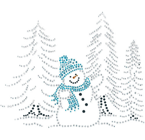 Aquamarine Hat & Scarf Snowman & Pine Trees Scene Iron-On Design (S6242-AQUA).