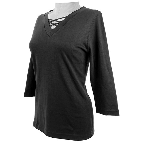 Black 3/4-Sleeve Crisscross V-Neck Top Plain (7012-BLK).