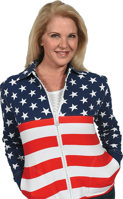 "USA-Print" Crystal Zipper Cardigan w/ Collar & Pockets (SW1003-USA).