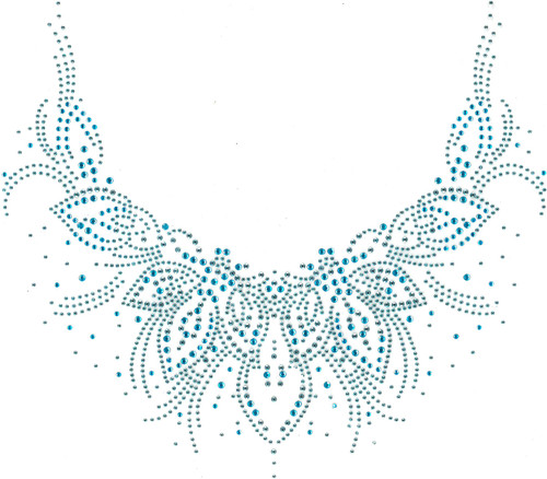 "Aquamarine Stones & Lt. Sky Blue stud Leaves Scoop Neckline" Iron-On Design (S4874-BLUE).