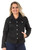 Front view Black Stretch Twill/Denim Curved-Bottom Jacket w/Buttons w/Acrylic Crystal Buttons (ST200-BLK).