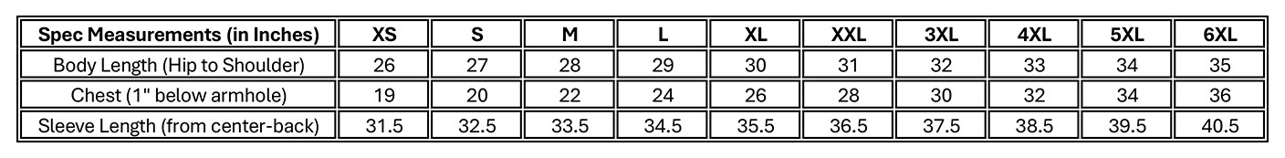 Specs Measurements (in inches)