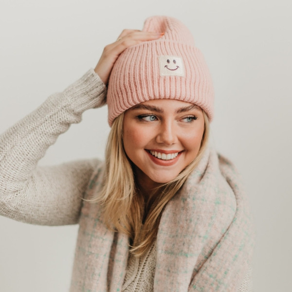 Stay Smiling Rolled Cuff Beanie