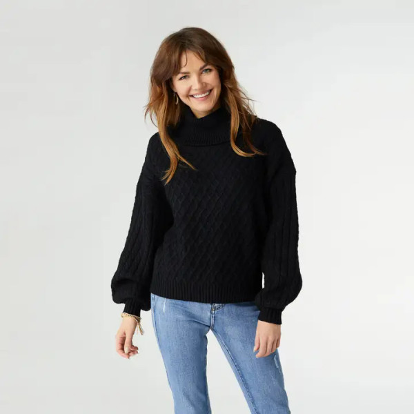 Maren Cable Knit Turtleneck Sweater, Black