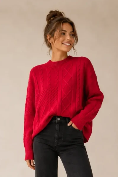 Mock Neck Cable Knit Pullover Sweater, Red