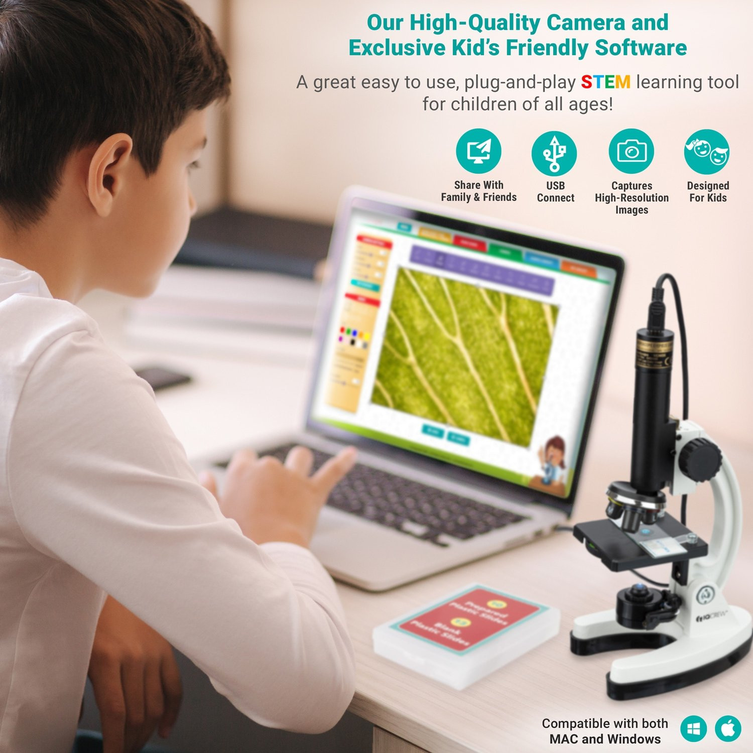 IQCREW Kids 85+ Piece Microscope Kit With Color Camera & Software - Premium Science Learning Set