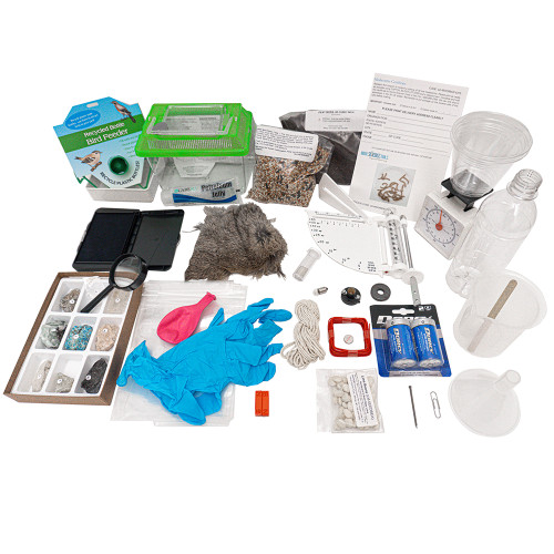 Image of Lab Kit for BJU Press Science 3 contents: rock specimens, gloves, scale, insulated wire, beaker