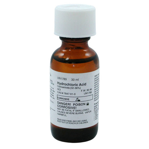 Hydrochloric Acid, 32-36% concentration (10.2-11.65 Molar), 30 mL