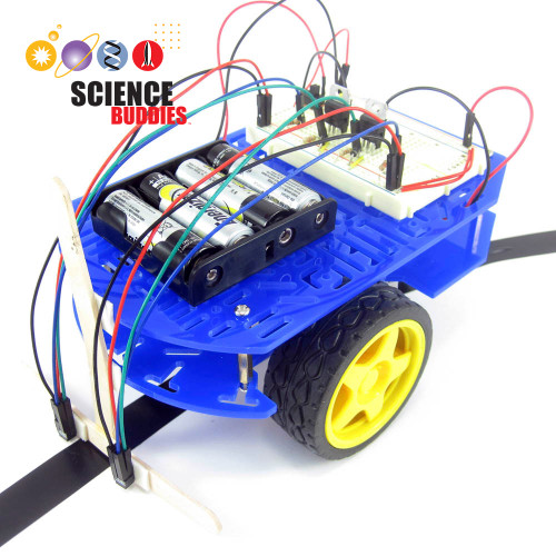 BlueBot set up as a line-following robot that follows a black line, seen from above