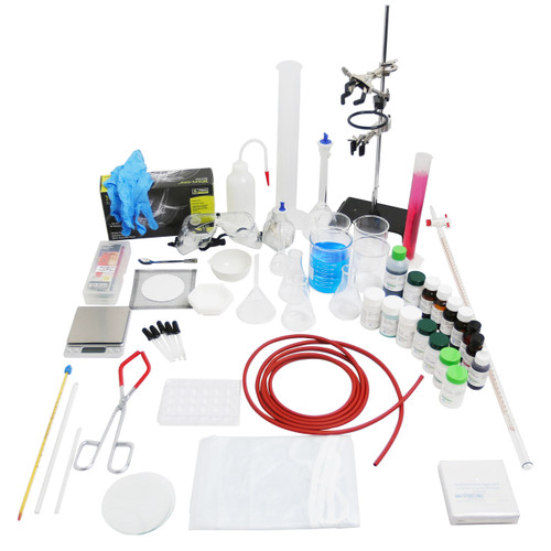 image of Novare accelerated chemistry thermometer, gloves, glassware, chemicals, ring stand and clamps
