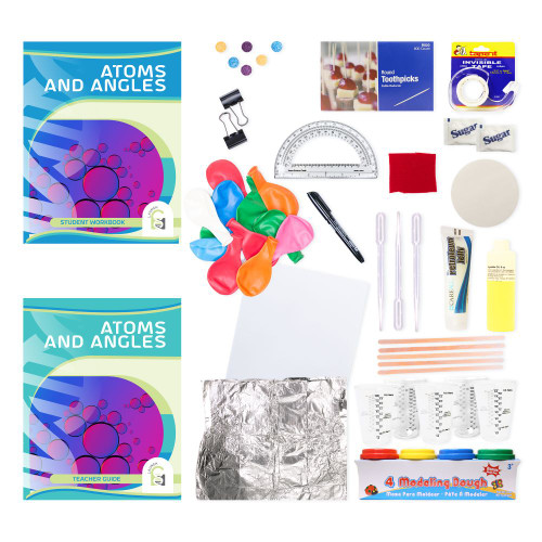 Image of Atoms and Angles kit contents toothpicks, protractor, balloons, modeling clay, filter paper