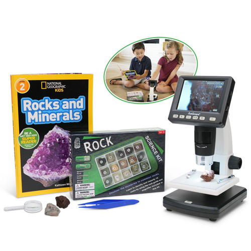 Digital microscope with rock and mineral collecting activity kit