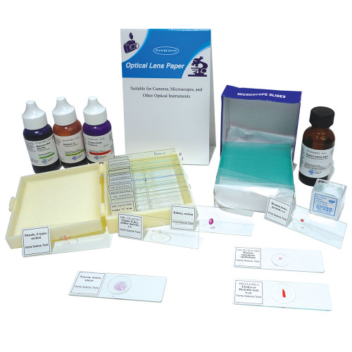 Novare General Biology Microscope Kit contents: prepared microscope slides, lens cleaning paper, safranin O stain, methylene blue, Gram's Iodine Stain