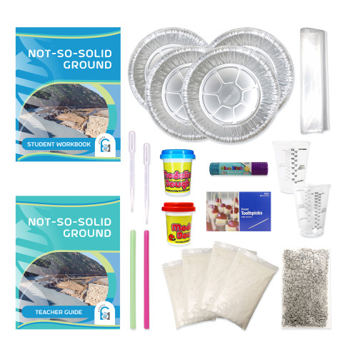 Image of Not So Solid Ground kit contents, pie plates, modeling dough, sand pebbles, cups.