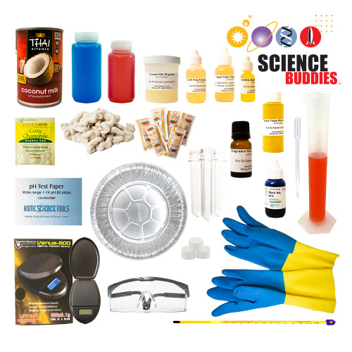 Make Your Own Shampoo Kit contents: gloves, glasses, pH strips, graduated cylinder, pie plates, and thermometer