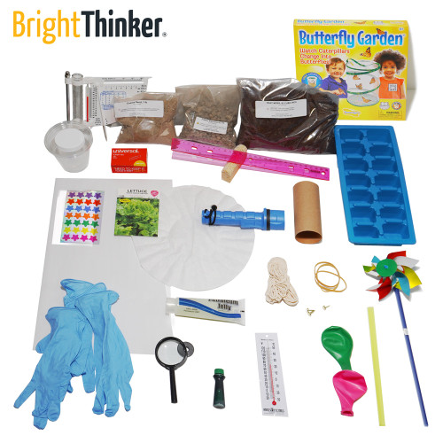 Image of Bright Thinker Grade 1 Lab Kit contents: balloon, brads, flashlight, insect lore butterfly garden