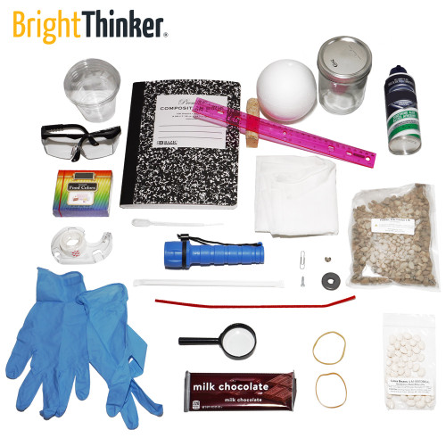 Image of Bright Thinker Kindergarten Lab Kit contents: flashlight, foam ball, fulcrum, gloves, shaving cream