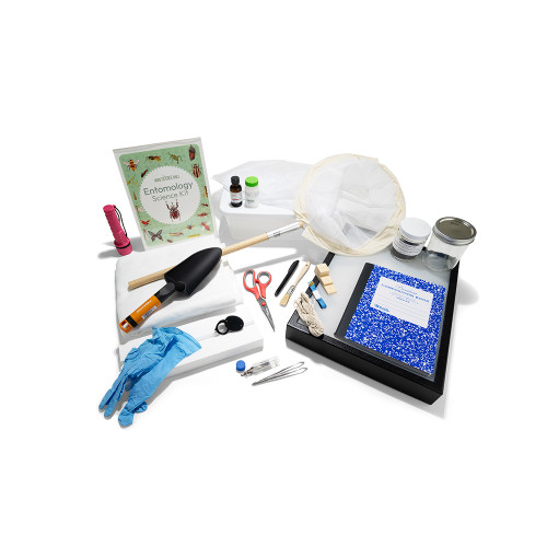 Main kit image with trowel, net, insect pinning items, notebook, chemicals, and manual
