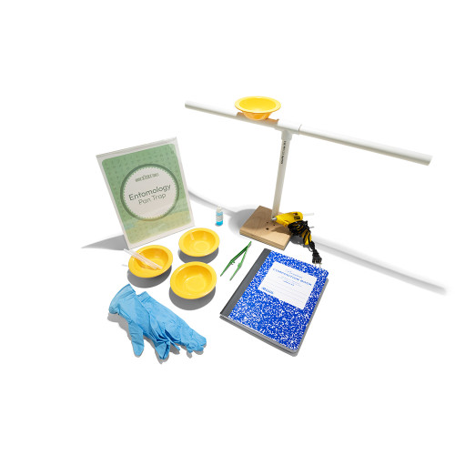 Main image with wood and pvc setup, bowls, notebook, gloves, and forceps.