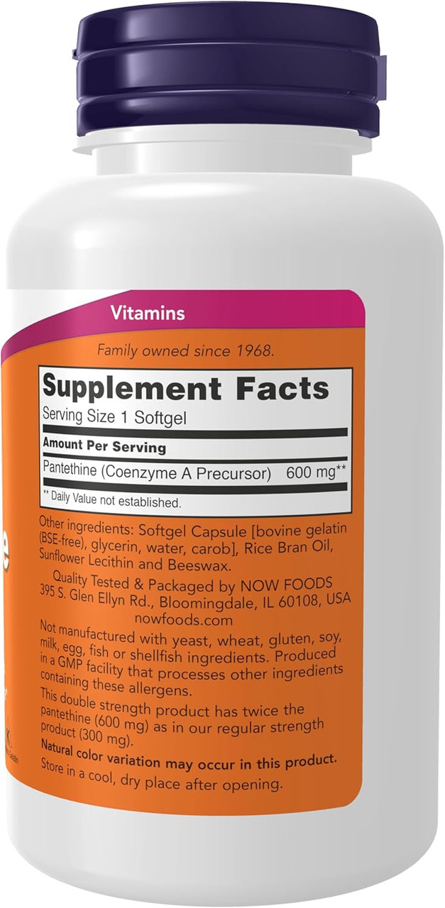 NOW Foods Supplements, Pantethine (Coenzyme A Precursor) 600 mg, Double Strength, Cardiovascular Health, 60 Softgels