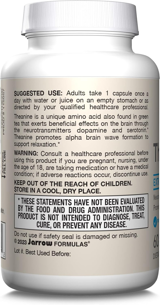 Jarrow Formulas Extra Strength Theanine 200 mg, Dietary Supplement That Promotes Relaxation, Amino Acid Supplement for Relaxation Support, 60 Veggie Capsules, 60 Day Supply
